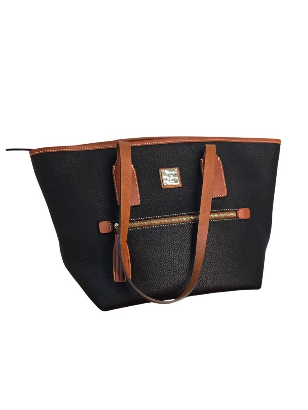 Dooney & Bourke Black Pebbled Leather Tote With Tan Trim & Gold Hardware
